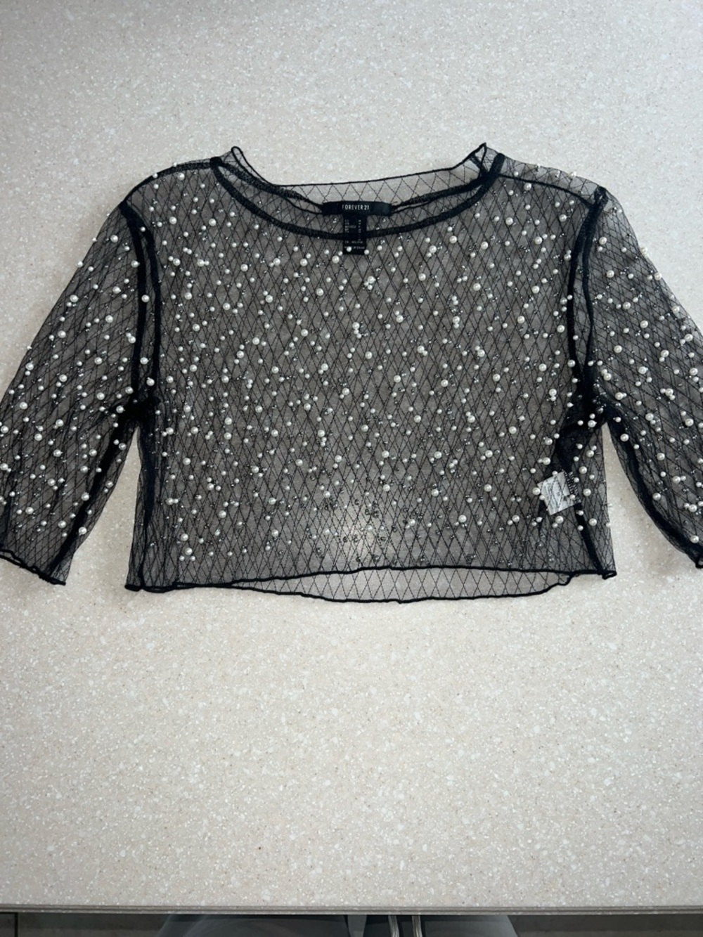 Forever 21 Black Sheer Mesh Pearl-Embellished Crop Top